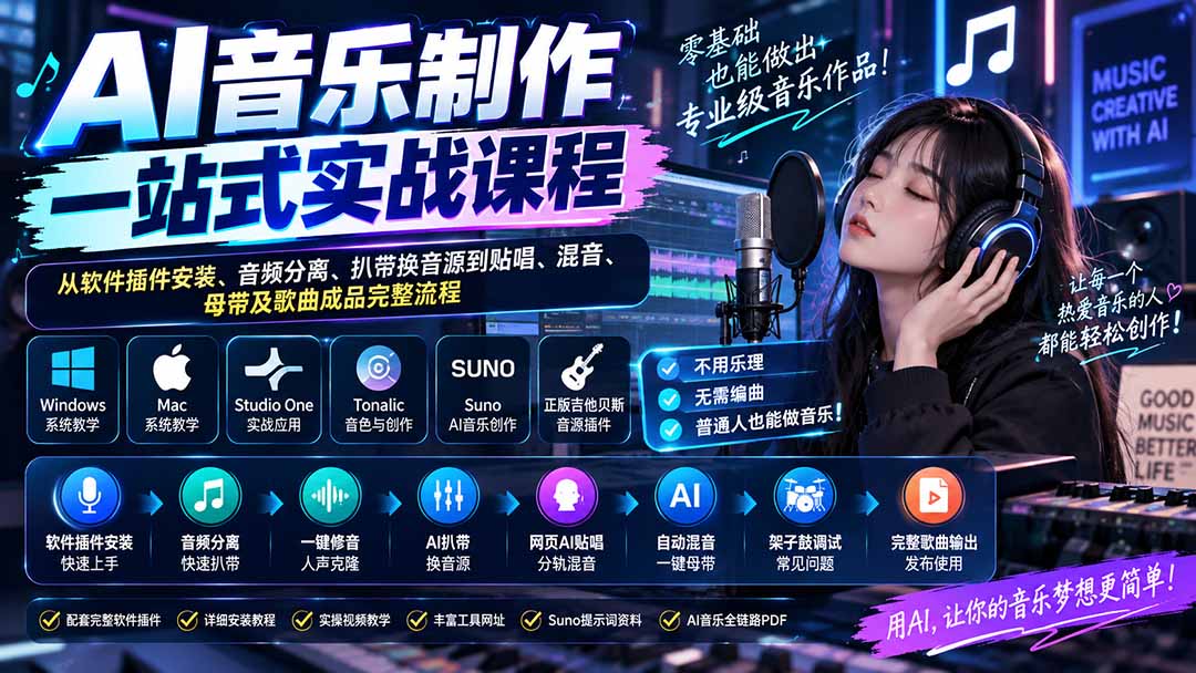 (20490期)AI音乐制作一站式实战课程:从软件插件安装、音频分离、扒带换音源到贴唱、混音、母带及歌曲成品完整流程插图1 (20490期)AI音乐制作一站式实战课程:从软件插件安装、音频分离、扒带换音源到贴唱、混音、母带及歌曲成品完整流程插图1