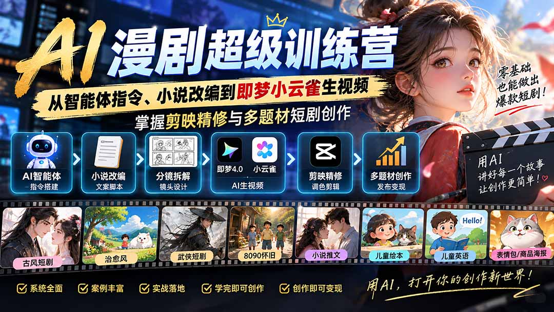 (20491期)AI漫剧超级特训营:从智能体指令、小说改编到即梦小云雀生视频,掌握剪映精修与多题材短剧创作插图 (20491期)AI漫剧超级特训营:从智能体指令、小说改编到即梦小云雀生视频,掌握剪映精修与多题材短剧创作插图