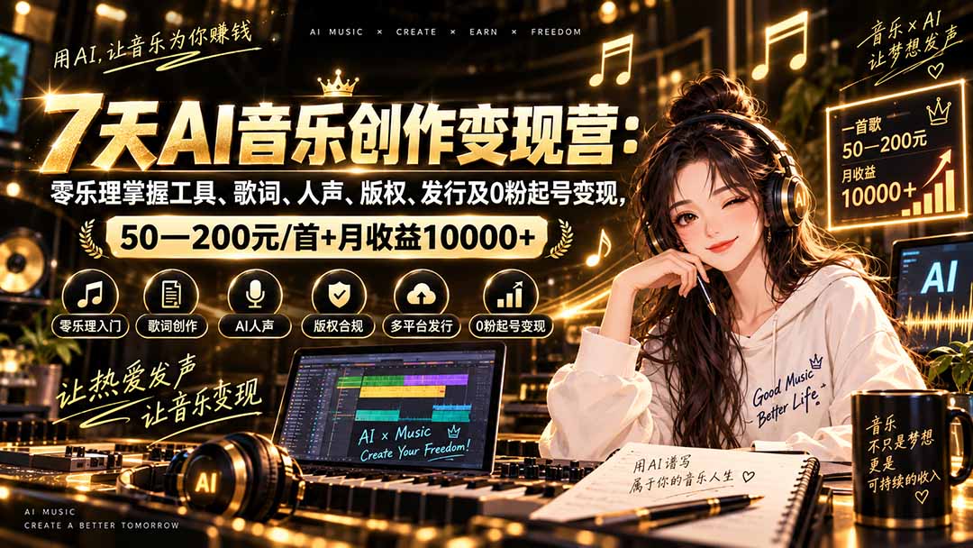 (20442期)AI音乐创作变现营:零乐理掌握工具、歌词、人声、版权、发行及0粉起号变现,50—200元/首+月收益10000+-网赚副业网