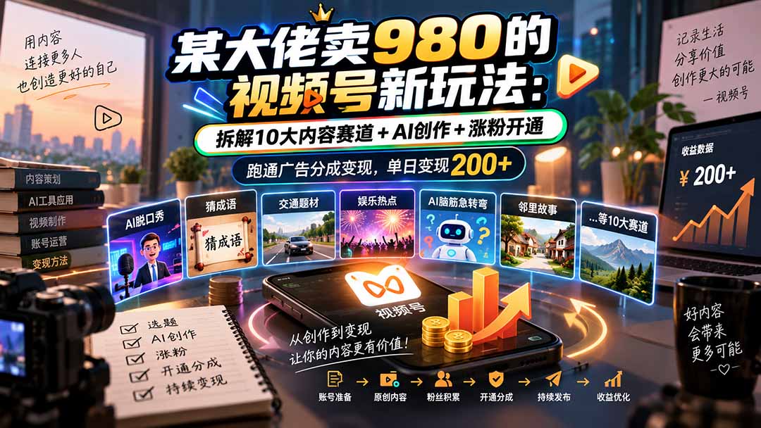 (20573期)某大佬卖980的视频号新玩法:拆解10大内容赛道+AI创作+涨粉开通,跑通广告分成变现,单日变现200+-网赚副业网