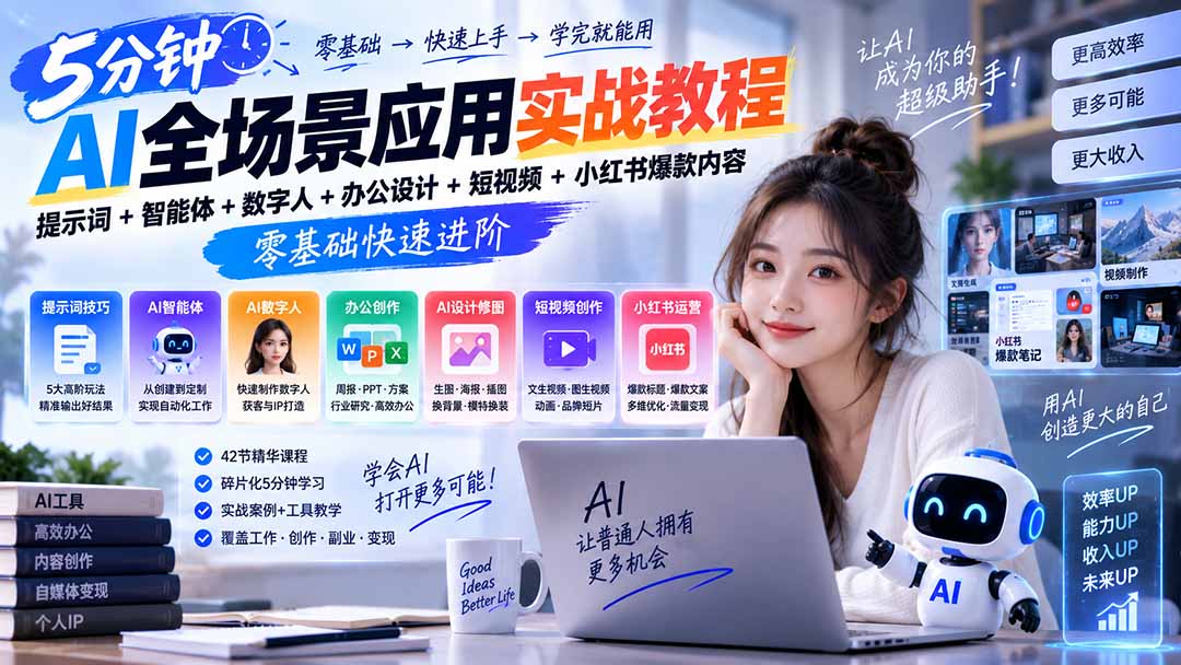 （20493期）AI全场景应用实战教程｜提示词+智能体+数字人+办公设计+短视频+小红书爆款内容，零基础快速进阶-网赚副业网