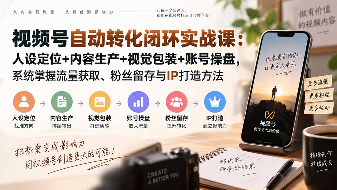 (20327期)视频号自动转化闭环实战课:人设定位+内容生产+视觉包装+账号操盘,系统掌握流量获取、粉丝留存与IP打造方法-网赚副业网