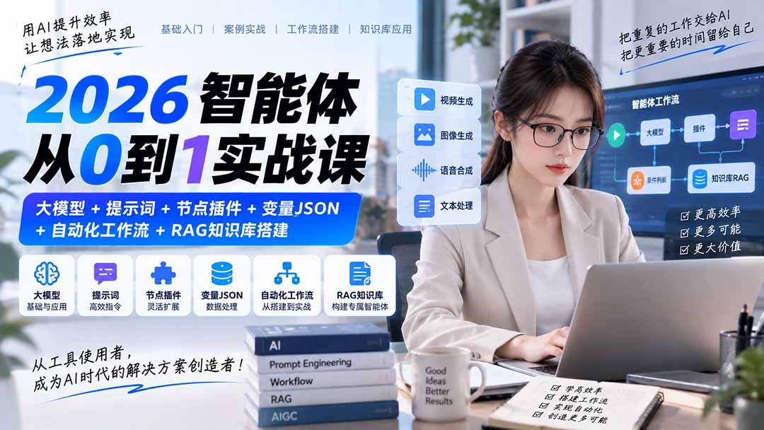 (20546期)2026智能体从0到1实战课|大模型+提示词+节点插件+变量JSON+自动化工作流+RAG知识库搭建-网赚副业网