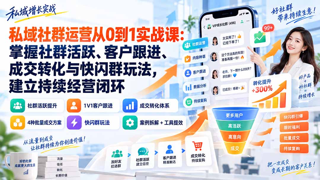 (20428期)私域社群运营从0到1实战课:掌握社群活跃、客户跟进、成交转化与快闪群玩法,建立持续经营闭环-网赚副业网