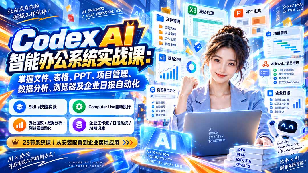(20446期)Codex AI智能办公系统实战课:掌握文件、表格、PPT、项目管理、数据分析、浏览器及企业日报自动化-网赚副业网
