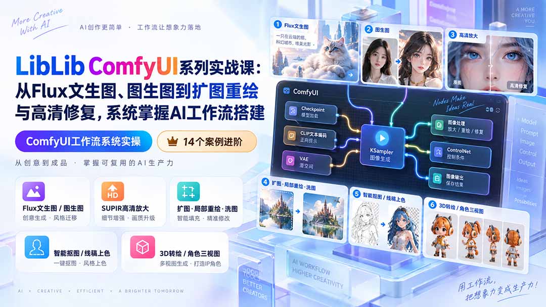 (20368期)LibLib ComfyUI系列实战课:从Flux文生图、图生图到扩图重绘与高清修复,系统掌握AI工作流搭建插图1 (20368期)LibLib ComfyUI系列实战课:从Flux文生图、图生图到扩图重绘与高清修复,系统掌握AI工作流搭建插图1