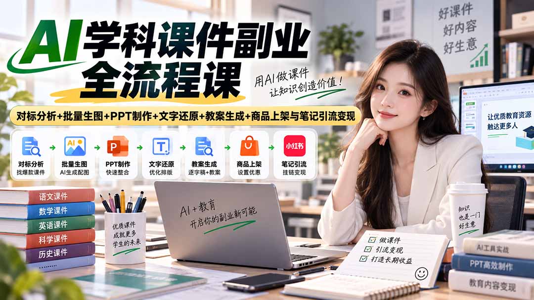 (20469期)AI学科课件副业全流程课|对标分析+批量生图+PPT制作+文字还原+教案生成+商品上架与笔记引流变现-网赚副业网