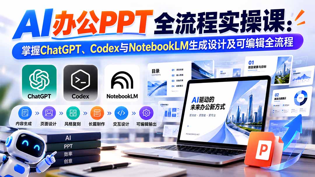 (20660期)【无水印】AI办公PPT全流程实操课: 掌握ChatGPT、Codex与NotebookLM生成设计及可编辑全流程-网赚副业网