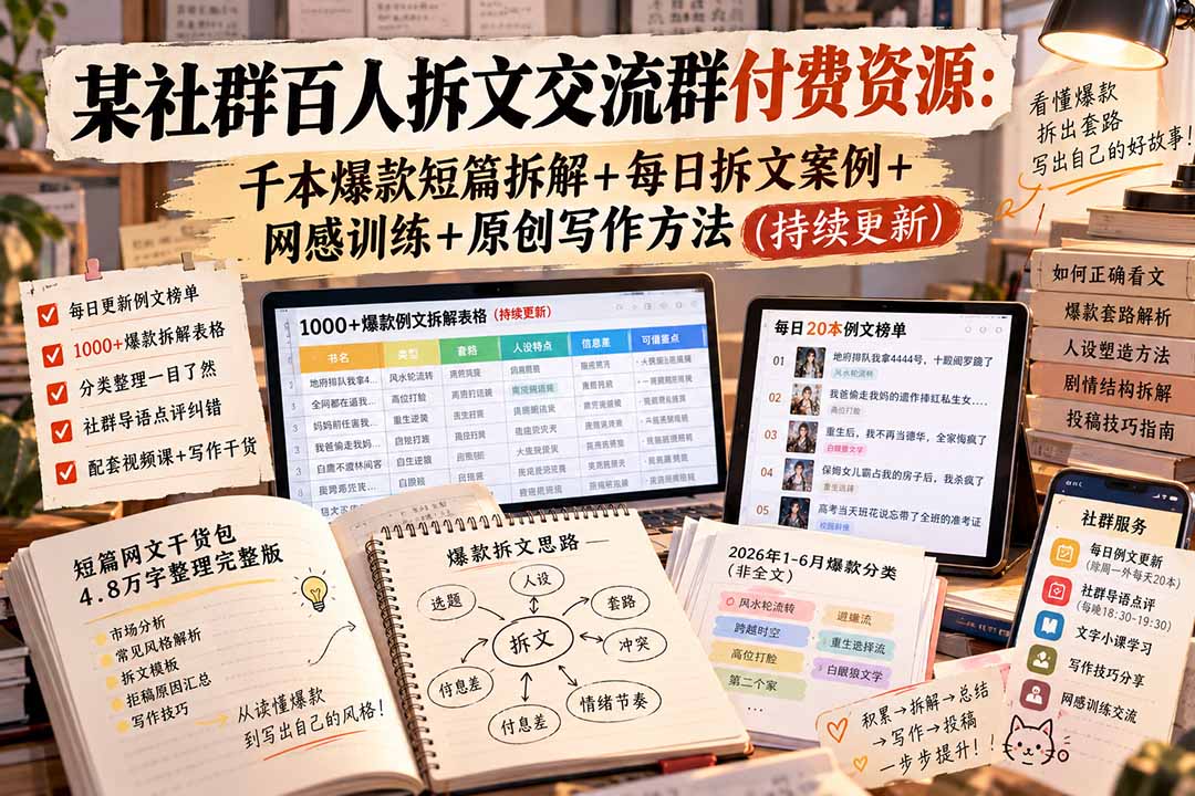 (20635期)某社群百人拆文交流群付费资源:千本爆款短篇拆解+每日拆文案例+网感训练+原创写作方法 (持续更新)-网赚副业网