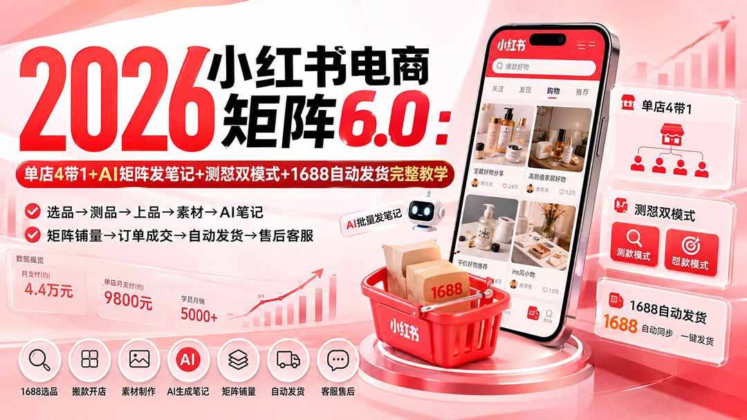 (20310期)2026小红书电商矩阵6.0:单店4带1+AI矩阵发笔记+测怼双模式+1688自动发货完整教学-网赚副业网