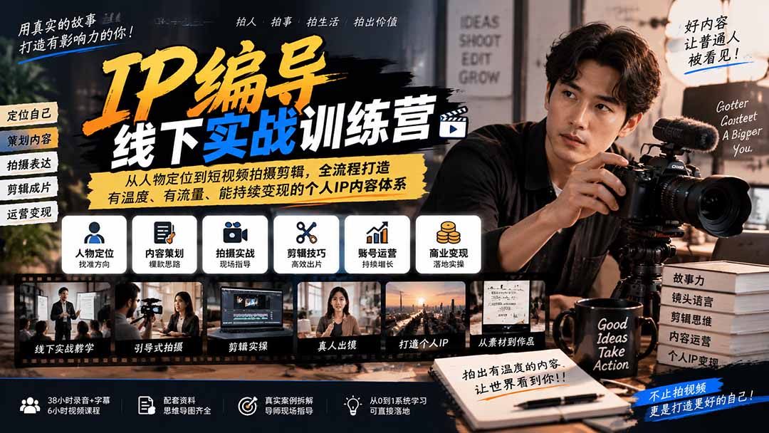(20610期)IP编导线下实战训练营-更新:从人物定位到短视频拍摄剪辑,全流程打造有温度、有流量、能持续变现的个人IP内容体系插图1 (20610期)IP编导线下实战训练营-更新:从人物定位到短视频拍摄剪辑,全流程打造有温度、有流量、能持续变现的个人IP内容体系插图1