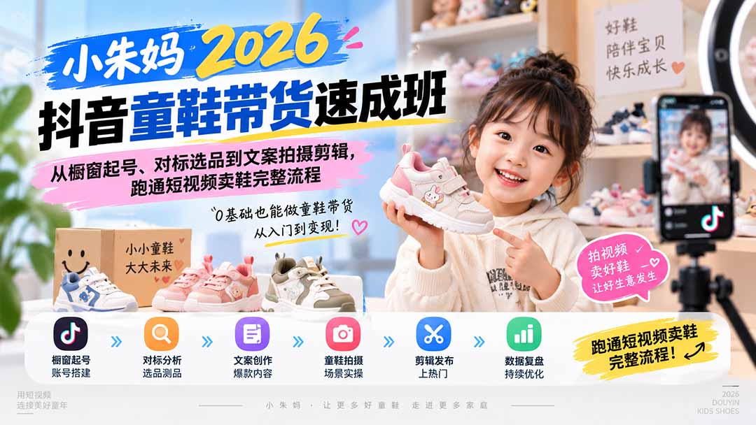 (20267期)小朱妈2026抖音童鞋带货速成班:从橱窗起号、对标选品到文案拍摄剪辑,跑通短视频卖鞋完整流程-网赚副业网