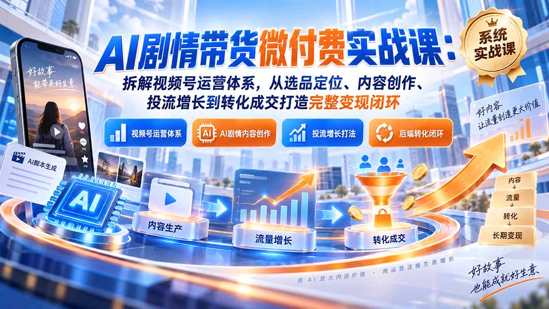 (20611期)AI剧情带货微付费实战课:拆解视频号运营体系,从选品定位、内容创作、投流增长到转化成交打造完整变现闭环插图1 (20611期)AI剧情带货微付费实战课:拆解视频号运营体系,从选品定位、内容创作、投流增长到转化成交打造完整变现闭环插图1