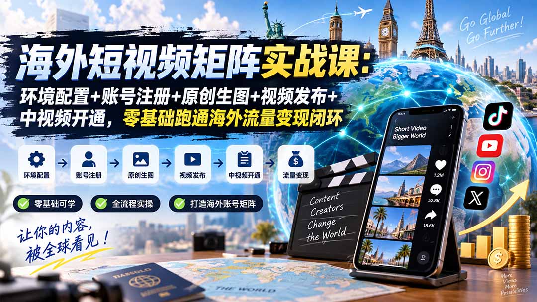 (20470期)海外短视频矩阵实战课:环境配置+账号注册+原创生图+视频发布+中视频开通,零基础跑通海外流量变现闭环插图1 (20470期)海外短视频矩阵实战课:环境配置+账号注册+原创生图+视频发布+中视频开通,零基础跑通海外流量变现闭环插图1