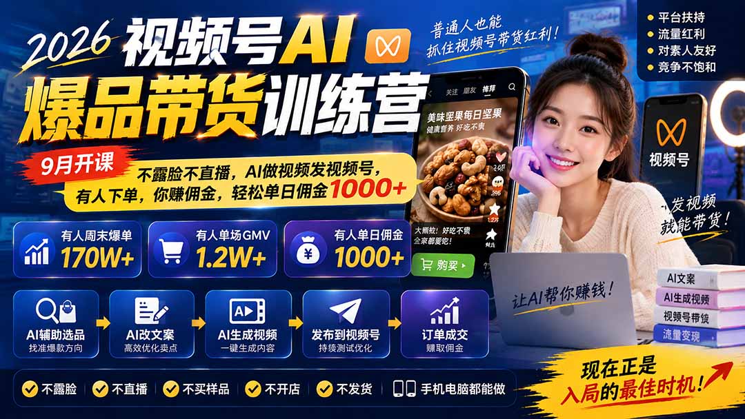 (20537期)2026视频号AI爆品带货训练营-9月开课|不露脸不直播,AI做视频发视频号,有人下单,你赚佣金,轻松单日佣金1000+-网赚副业网