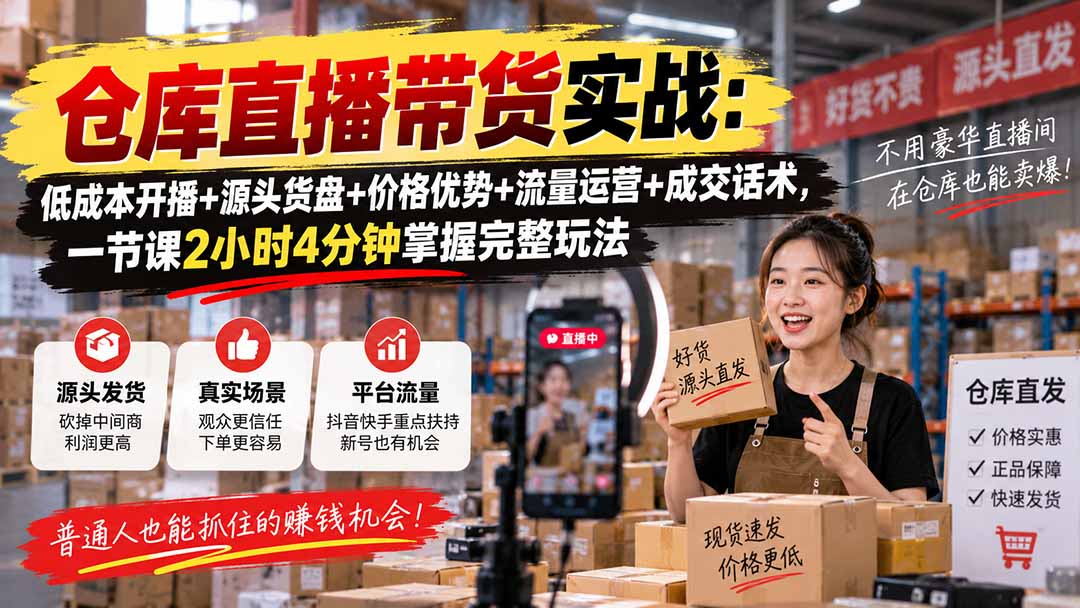 (20471期)仓库直播带货实战:低成本开播+源头货盘+价格优势+流量运营+成交话术,一节课2小时4分钟掌握完整玩法插图1 (20471期)仓库直播带货实战:低成本开播+源头货盘+价格优势+流量运营+成交话术,一节课2小时4分钟掌握完整玩法插图1