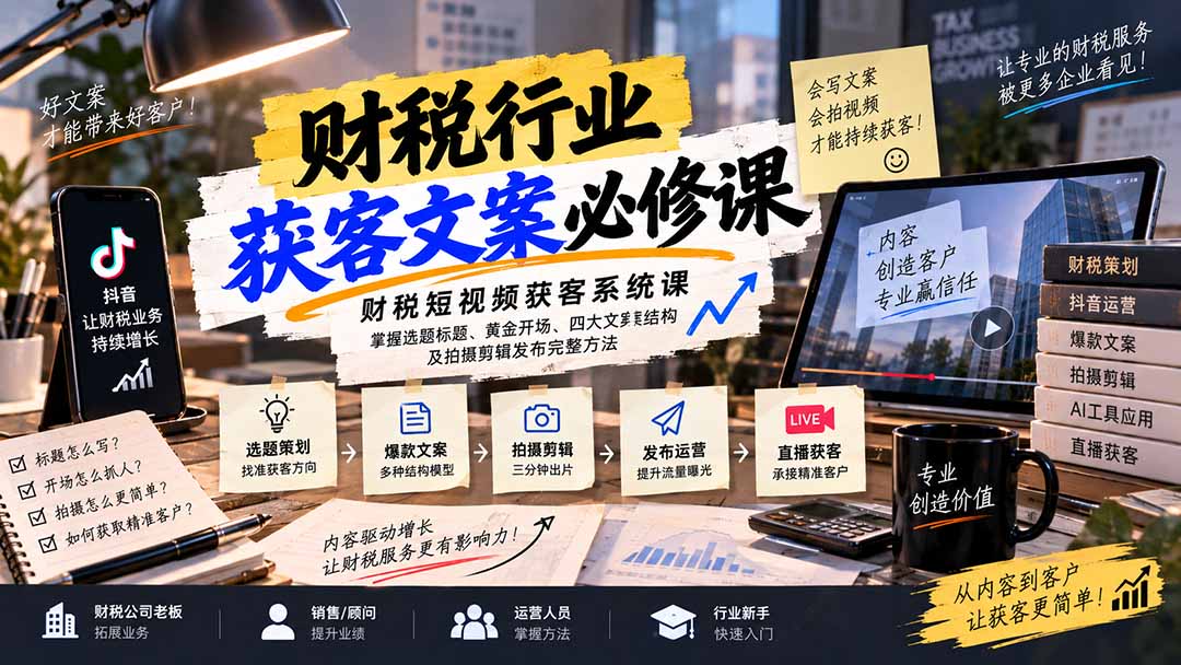 (20591期)财税短视频获客系统课:掌握选题标题、黄金开场、四大文案结构及拍摄剪辑发布完整方法插图1 (20591期)财税短视频获客系统课:掌握选题标题、黄金开场、四大文案结构及拍摄剪辑发布完整方法插图1