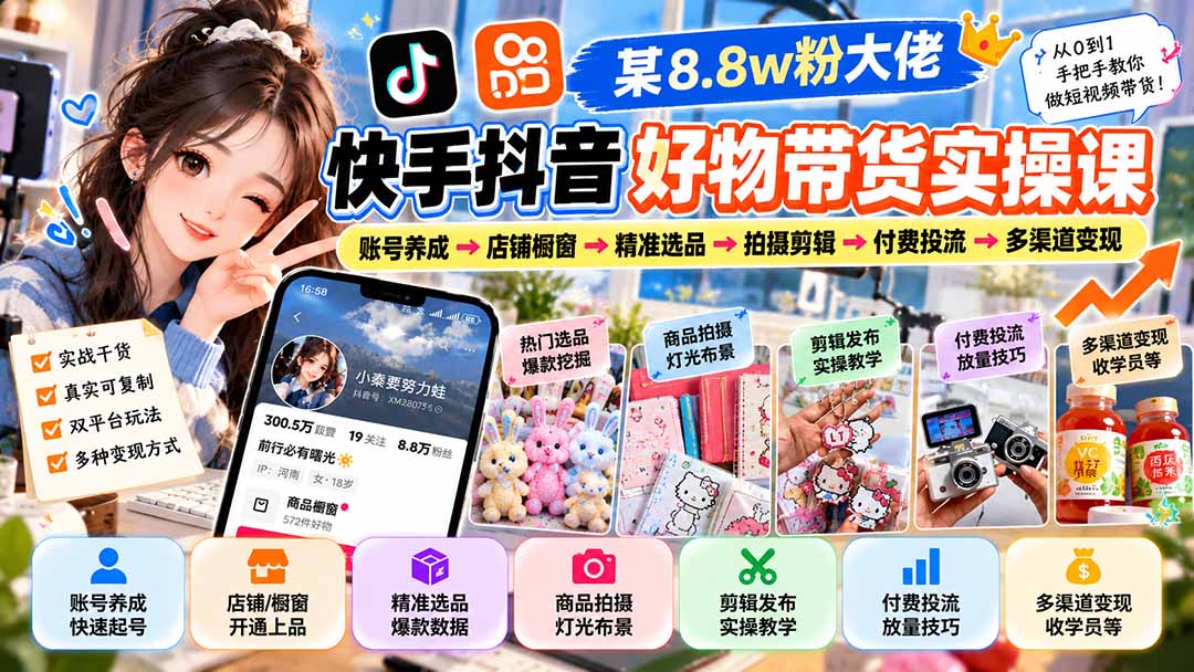 (20733期)某8.8w粉大佬快手抖音好物带货实操课:账号养成→店铺橱窗→精准选品→拍摄剪辑→付费投流→多渠道变现-网赚副业网