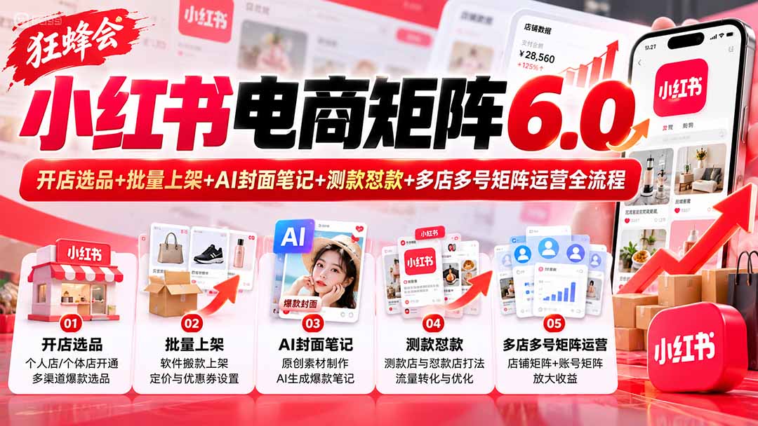 (20732期)【无水印】狂蜂会小红书电商矩阵6.0:开店选品+批量上架+AI封面笔记+测款怼款+多店多号矩阵运营全流程-网赚副业网