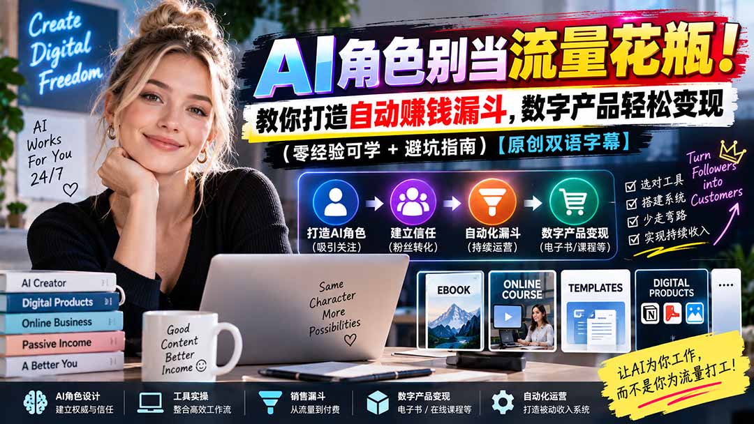 (20475期)AI角色别当流量花瓶!教你打造自动赚钱漏斗,数字产品轻松变现(零经验可学+避坑指南)【原创双语字幕】-网赚副业网