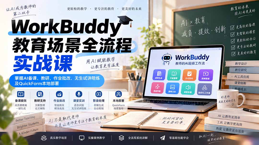 （20518期）WorkBuddy教育场景全流程实战课：掌握AI备课、教研、作业批改、无生试讲陪练及QuickForm本地部署-网赚副业网