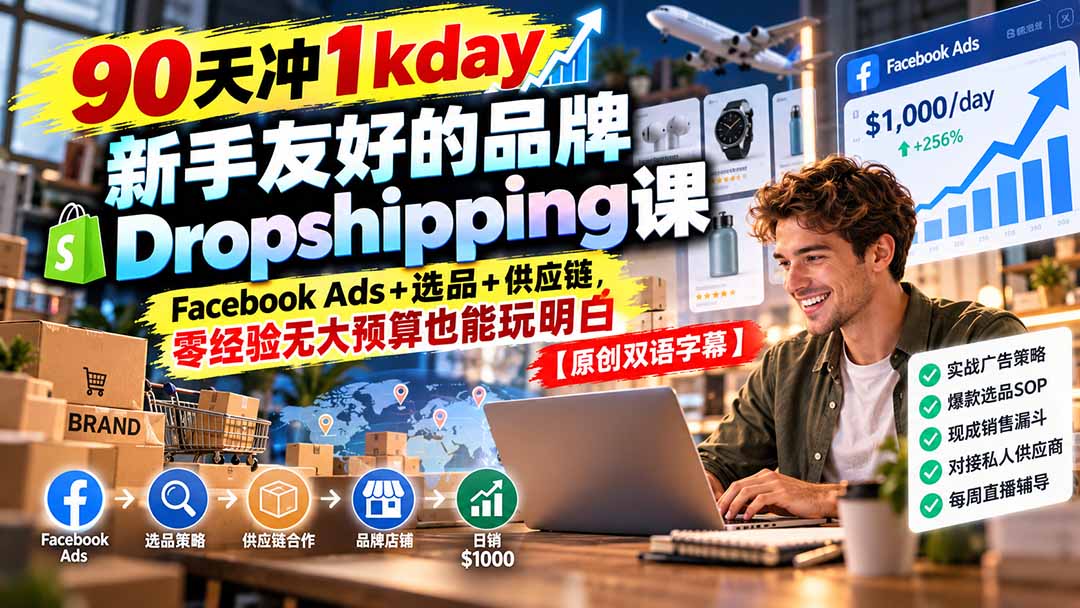 (20738期)90天冲1kday 新手友好的品牌Dropshipping课:Facebook Ads+选品+供应链,零经验无大预算也能玩明白【原创双语字幕】-网赚副业网