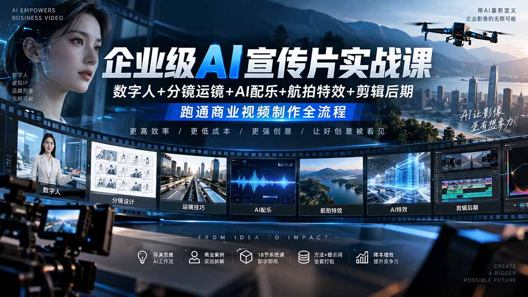 (20548期)企业级AI宣传片实战课|数字人+分镜运镜+AI配乐+航拍特效+剪辑后期,跑通商业视频制作全流程插图1 (20548期)企业级AI宣传片实战课|数字人+分镜运镜+AI配乐+航拍特效+剪辑后期,跑通商业视频制作全流程插图1