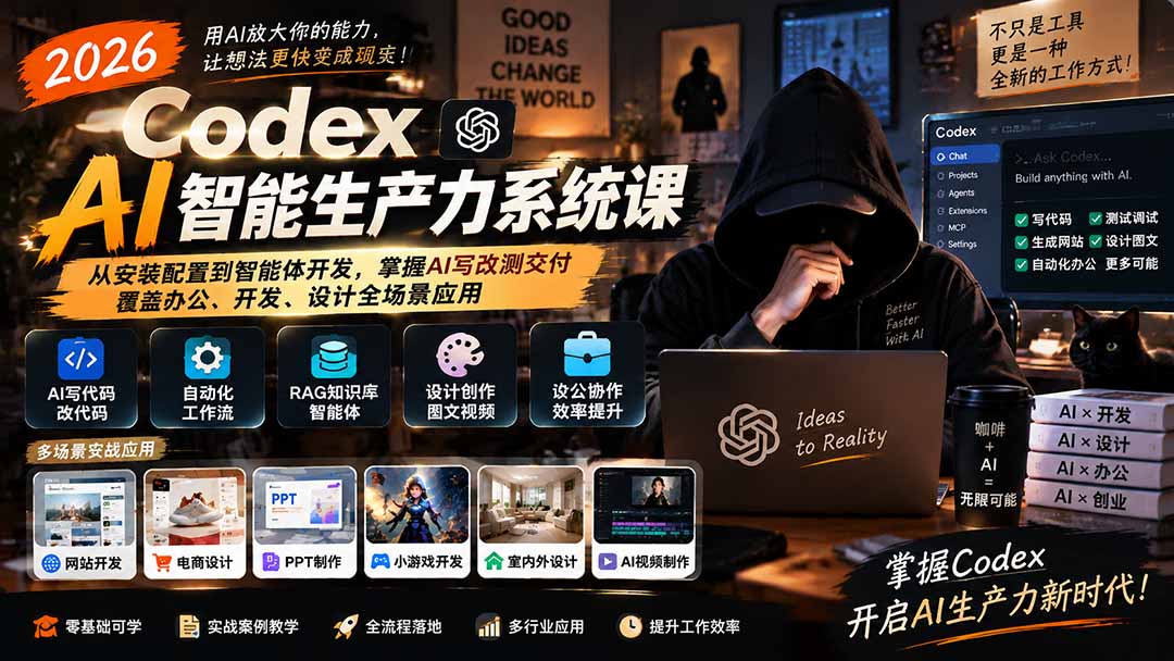 (20535期)2026 Codex AI智能生产力系统课-更新|从安装配置到智能体开发,掌握AI写改测交付,覆盖办公、开发、设计全场景应用-网赚副业网
