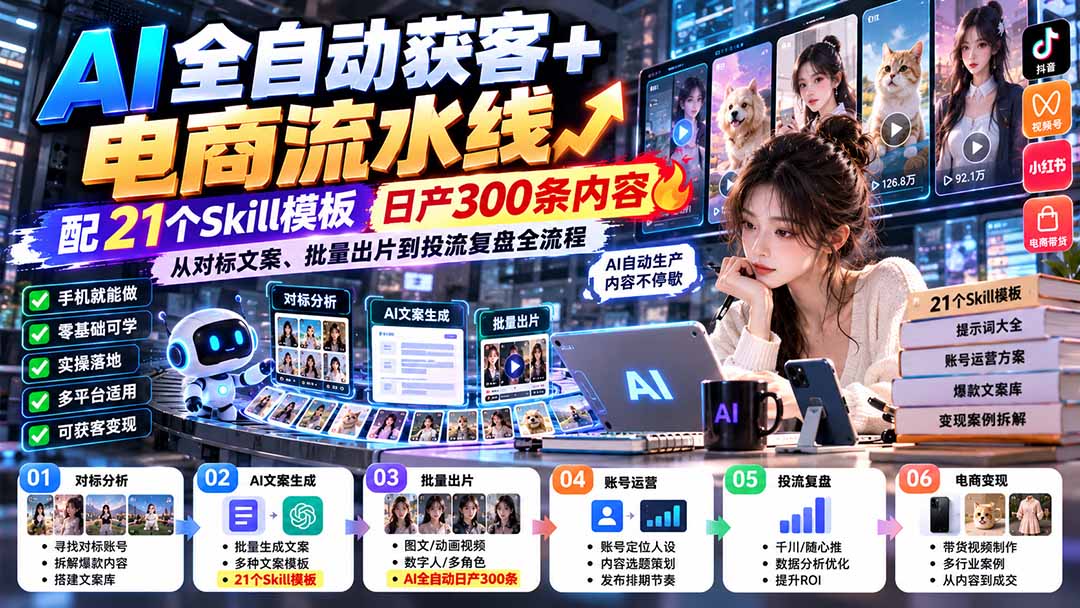 （20664期）AI全自动获客+电商流水线：配21个Skill模板，日产300条内容，从对标文案、批量出片到投流复盘全流程插图1