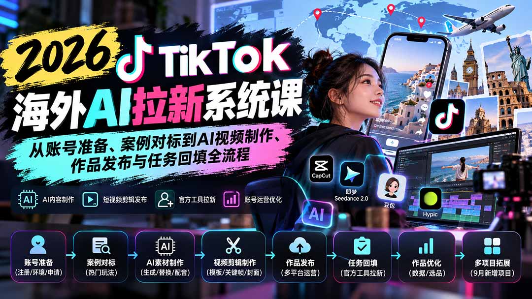 (20675期)【无水印】2026 TikTok海外AI拉新系统课:从账号准备、案例对标到AI视频制作、作品发布与任务回填全流程-网赚副业网