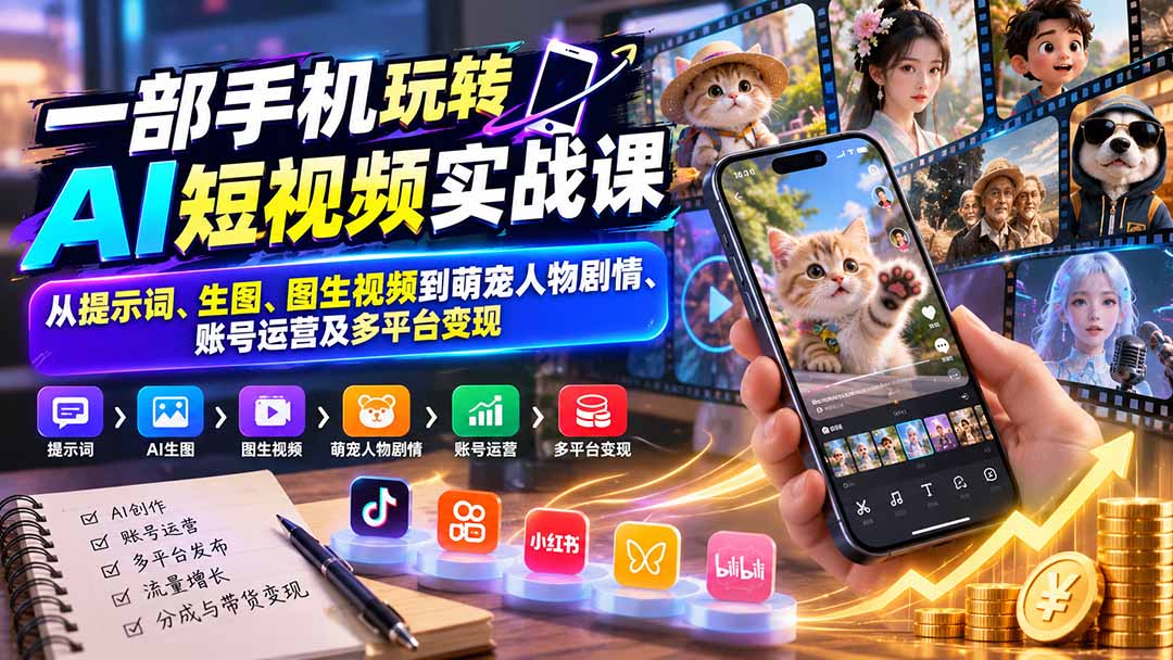 (20663期)一部手机玩转AI短视频实战课:从提示词、生图、图生视频到萌宠人物剧情、账号运营及多平台变现-网赚副业网
