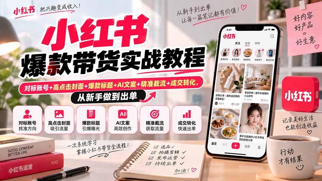 (20473期)小红书爆款带货实战教程|对标账号+高点击封面+爆款标题+AI文案+精准截流+成交转化,从新手做到出单插图1 (20473期)小红书爆款带货实战教程|对标账号+高点击封面+爆款标题+AI文案+精准截流+成交转化,从新手做到出单插图1