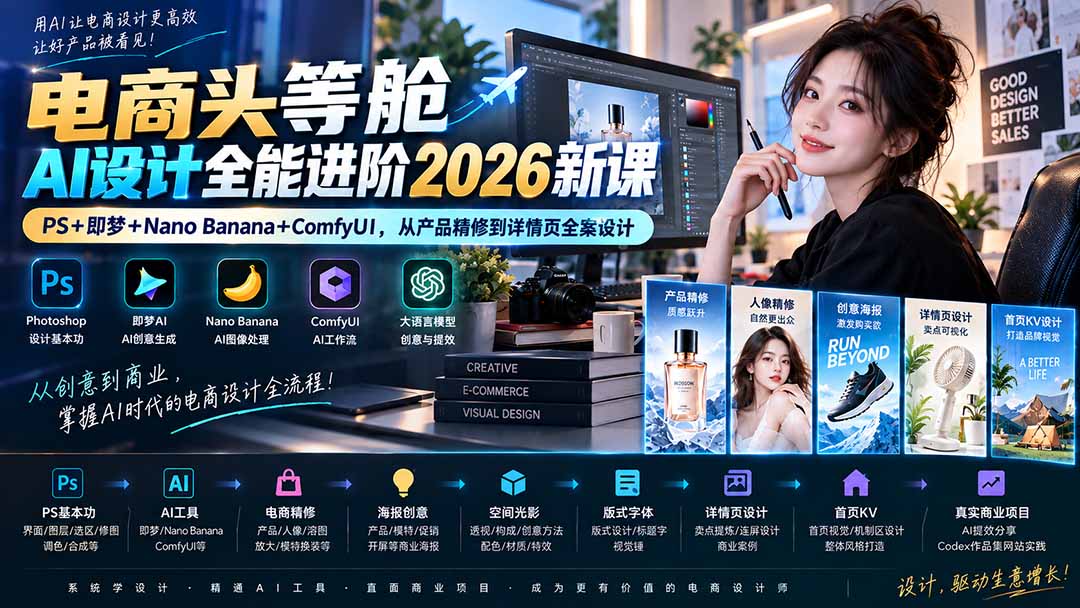 (20284期)电商头等舱AI设计全能进阶2026新课:PS+即梦+Nano Banana+ComfyUI,从产品精修到详情页全案设计-网赚副业网