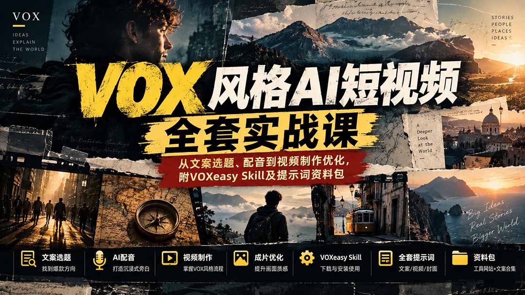 (20677期)【无水印】VOX风格AI短视频全套实战课:从文案选题、配音到视频制作优化,附VOXeasy Skill及提示词资料包插图1 (20677期)【无水印】VOX风格AI短视频全套实战课:从文案选题、配音到视频制作优化,附VOXeasy Skill及提示词资料包插图1