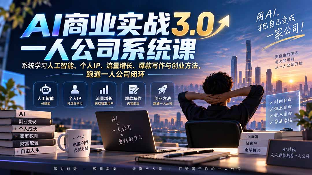 (20249期)AI商业实战3.0一人公司系统课:系统学习人工智能、个人IP、流量增长、爆款写作与创业方法,跑通一人公司闭环-网赚副业网