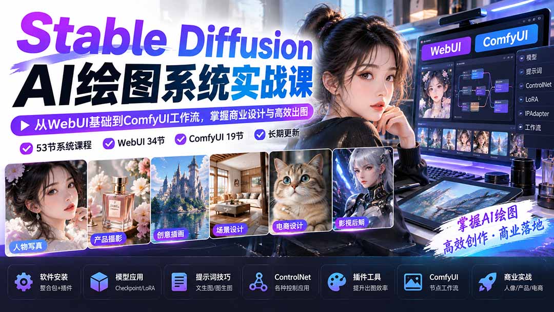 (20678期)Stable Diffusion AI绘图系统实战课:从WebUI基础到ComfyUI工作流,掌握商业设计与高效出图-网赚副业网