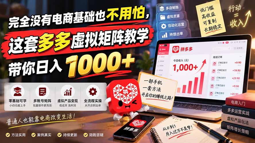 (20454期)完全没有电商基础也不用怕,这套多多虚拟矩阵教学带你日入 1000+-网赚副业网