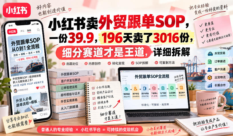 小红书卖外贸跟单sop,一份39.9,196天卖了3016份,细分赛道才是王道,详细拆解-网赚副业网