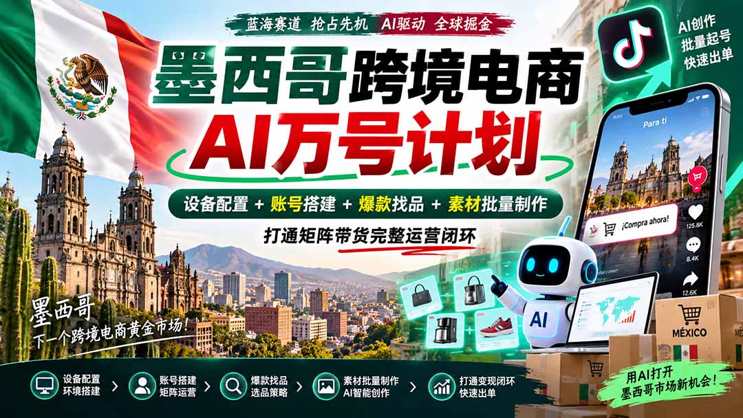 (20500期)墨西哥AI跨境电商万号计划|设备配置+账号搭建+爆款找品+素材批量制作,打通矩阵带货完整运营闭环-网赚副业网