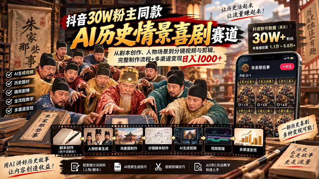 (20613期)抖音30W粉博主同款AI历史情景喜剧赛道:从剧本创作、人物场景到分镜视频与剪辑,完整制作流程+多渠道变现日入1000+-网赚副业网