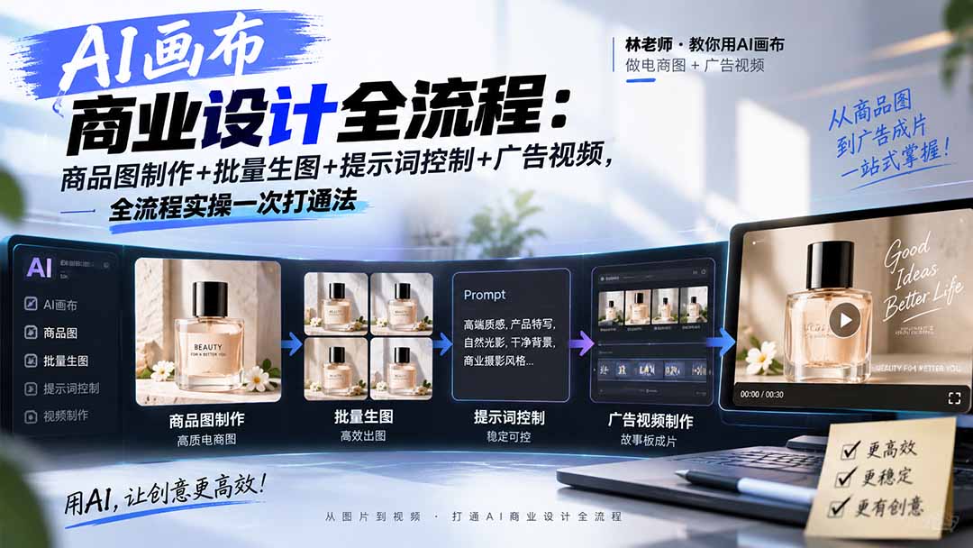 （20576期）AI画布商业设计全流程：商品图制作+批量生图+提示词控制+广告视频，全流程实操一次打通法-网赚副业网