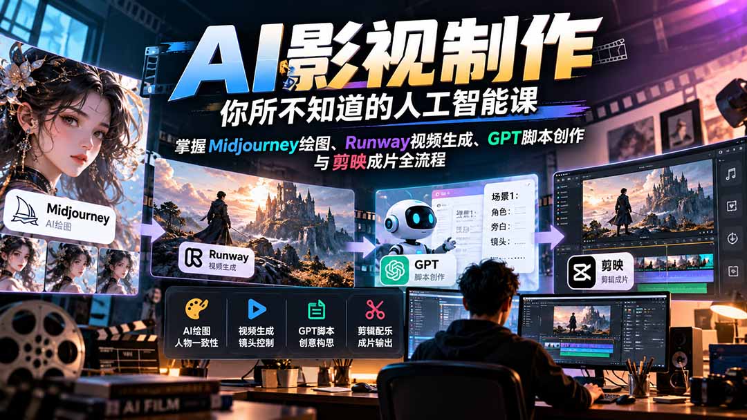 (20681期)AI影视制作-你所不知道的人工智能课,掌握Midjourney绘图、Runway视频生成、GPT脚本创作与剪映成片全流程插图1 (20681期)AI影视制作-你所不知道的人工智能课,掌握Midjourney绘图、Runway视频生成、GPT脚本创作与剪映成片全流程插图1