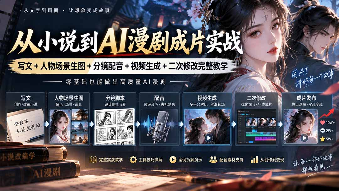 （20577期）从小说到AI漫剧成片实战：写文+人物场景生图+分镜配音+视频生成+二次修改完整教学-网赚副业网