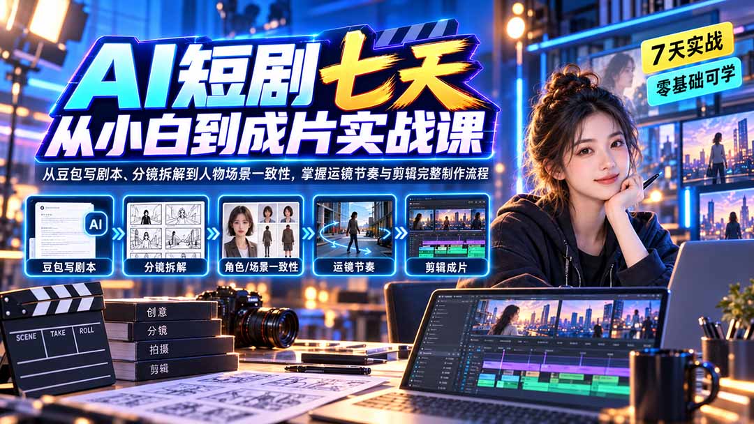 （20329期）AI短剧七天从小白到成片实战课：从豆包写剧本、分镜拆解到人物场景一致性，掌握运镜节奏与剪辑完整制作流程-网赚副业网