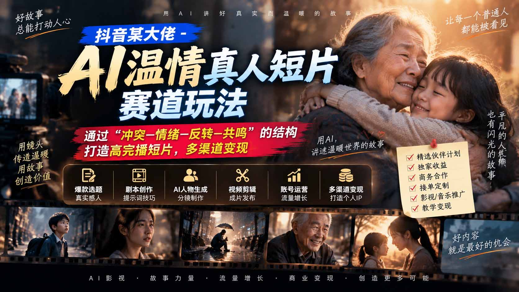 (20538期)抖音某大佬-AI温情真人短片赛道玩法:通过“冲突—情绪—反转—共鸣”的结构打造高完播短片,多渠道变现-网赚副业网