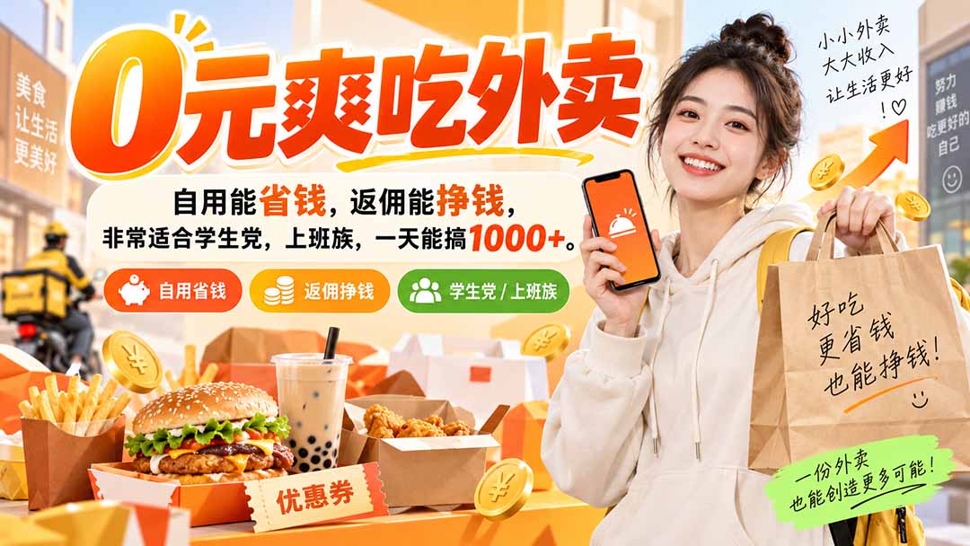 (20309期)0元爽吃外卖,自用能省钱,返佣能挣钱,非常适合学生党,上班族,一天能搞1000+-网赚副业网