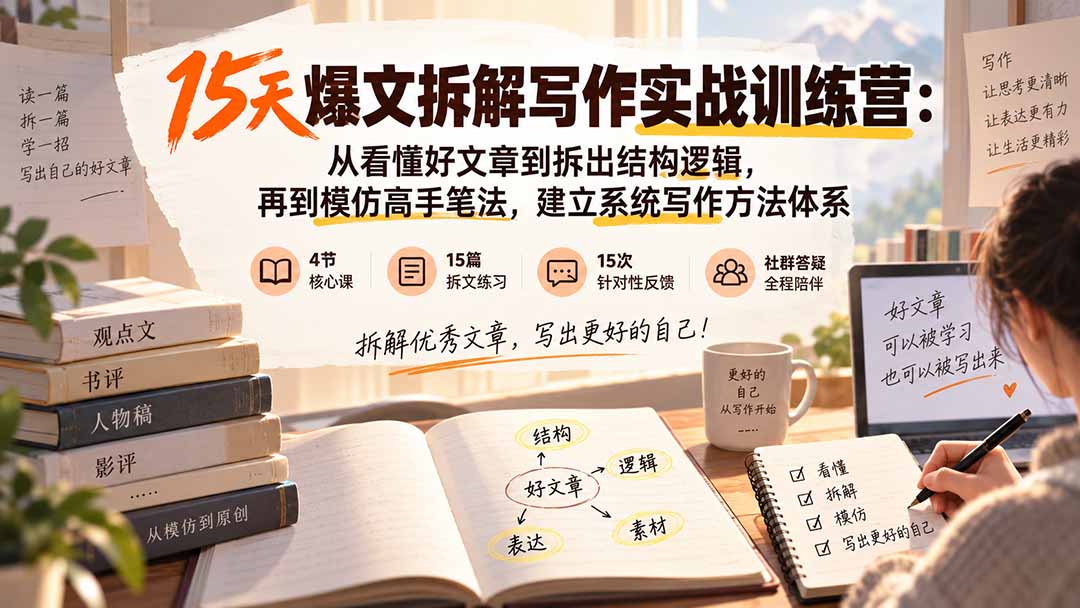 (20271期)15天爆文拆解写作实战训练营:从看懂好文章到拆出结构逻辑,再到模仿高手笔法,建立系统写作方法体系-网赚副业网
