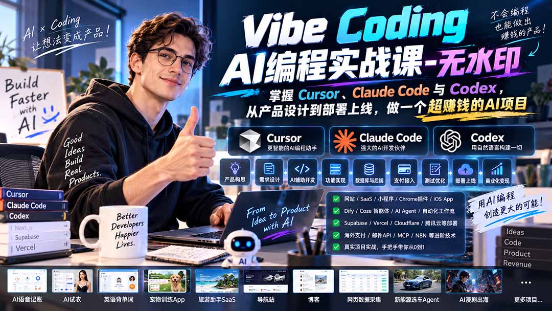 (20431期)Vibe Coding AI编程实战课-无水印:掌握Cursor、Claude Code与Codex,从产品设计到部署上线,做一个超赚钱的AI项目-网赚副业网