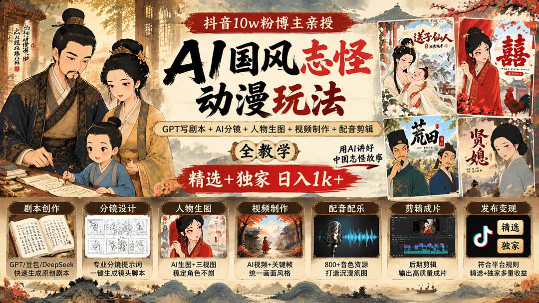 (20538期)抖音10w粉博主亲授AI国风志怪动漫玩法|GPT写剧本+AI分镜+人物生图+视频制作+配音剪辑全教学|精选+独家日入1k+-网赚副业网