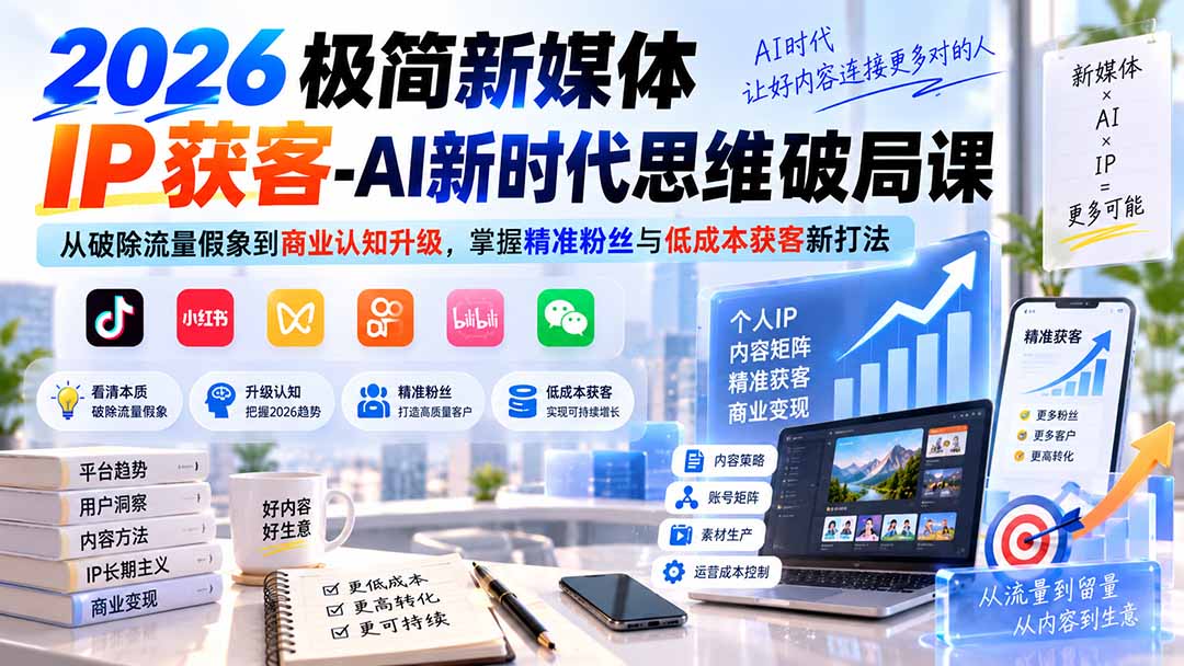 (20272期)2026极简新媒体IP获客-AI新时代思维破局课:从破除流量假象到商业认知升级,掌握精准粉丝与低成本获客新打法-网赚副业网